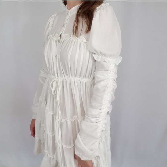 Ina White Babydoll Long Sleeve Dress With Pearl and Rhinestone Buttons Medium - Picture 8 of 8